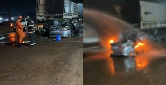 Motorista morre carbonizado após carro bater em caminhão em Tangará da Serra